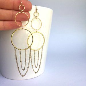 Long Gold Circles & Draped Chain Duster Earrings